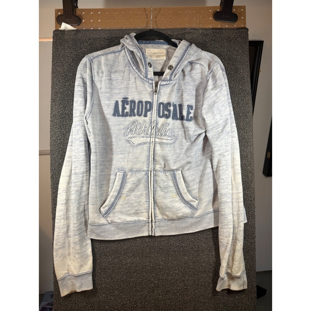 Aeropostale Full Zip Hoodie Womens L Blue Acid Wash Athletic Embroidered Logo